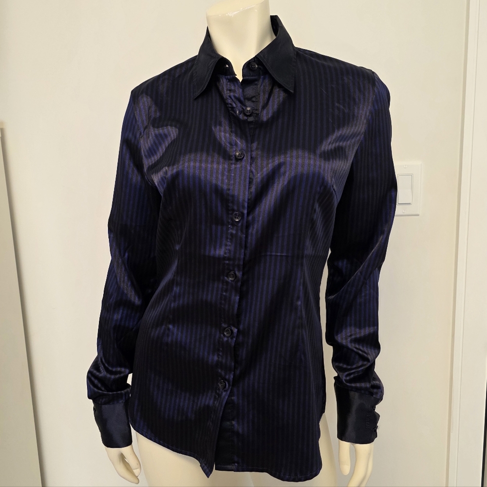 Silvian Heach Elegant Deep Purple Navy Striped Satin Blouse M-L